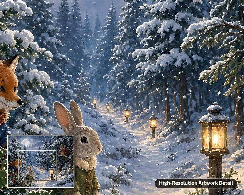 May include: A digital illustration of a snowy forest path at twilight featuring a fox and a rabbit in the foreground. The scene includes glowing lanterns lining the path, snow-covered pine trees, and a small inset box showing the full artwork.