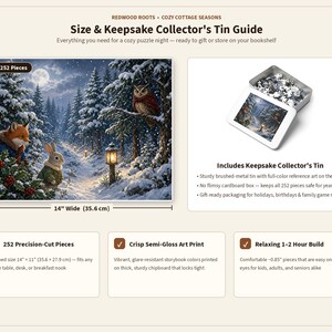 May include: A 252-piece jigsaw puzzle featuring a snowy forest scene with a fox, rabbit, and owl. The finished puzzle measures 14 inches wide by 11 inches tall. It includes a brushed-metal keepsake tin with the artwork on the lid and semi-gloss print.
