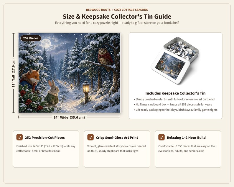 May include: A 252-piece jigsaw puzzle featuring a snowy forest scene with a fox, rabbit, and owl. The finished puzzle measures 14 inches wide by 11 inches tall. It includes a brushed-metal keepsake tin with the artwork on the lid and semi-gloss print.