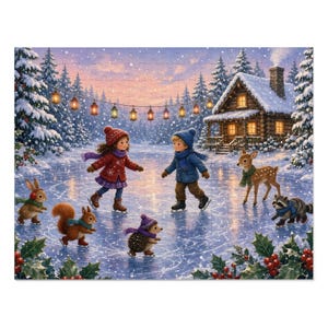 Cozy Cottage Seasons Ice Skating Pond Jigsaw Puzzle, Winter Woodland Friends, Tin Box (252 Pieces) image 1