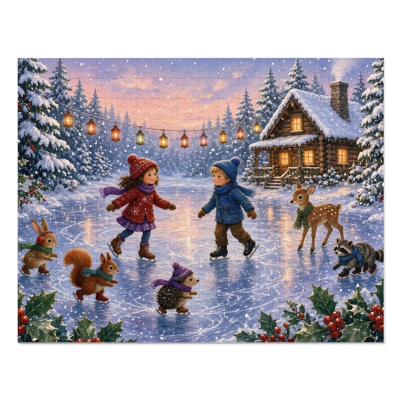 Cozy Cottage Seasons Ice Skating Pond Jigsaw Puzzle, Winter Woodland Friends, Tin Box (252 Pieces) image 1