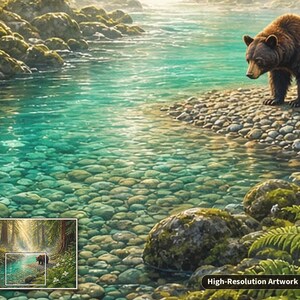 Pu&ograve; includere: Un orso bruno si trova su una riva rocciosa accanto a un ruscello turchese e limpido. L'acqua rivela pietre lisce e arrotondate sul letto del fiume. Felci verdi e rocce coperte di muschio incorniciano la scena illuminata dal sole.