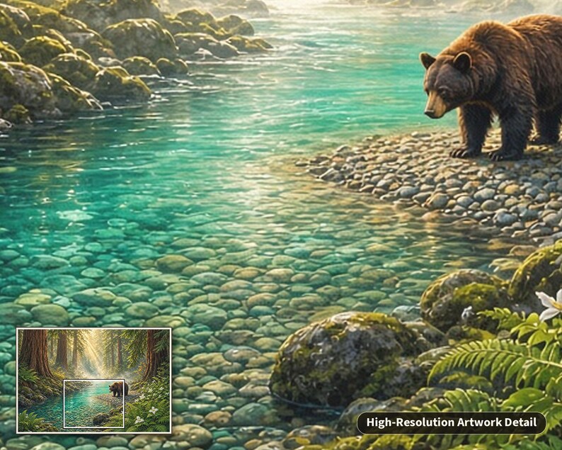 Pu&ograve; includere: Un orso bruno si trova su una riva rocciosa accanto a un ruscello turchese e limpido. L'acqua rivela pietre lisce e arrotondate sul letto del fiume. Felci verdi e rocce coperte di muschio incorniciano la scena illuminata dal sole.