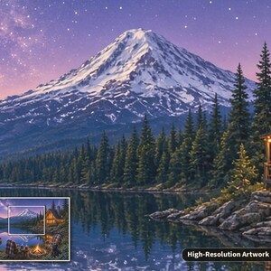 May include: A landscape artwork featuring a snow-capped mountain peak under a starry purple sky, reflected in a calm lake. A forest of pine trees lines the shore, with a cabin on the right and a small inset showing the full scene with a campfire.