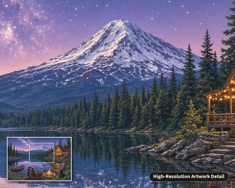 May include: A landscape artwork featuring a snow-capped mountain peak under a starry purple sky, reflected in a calm lake. A forest of pine trees lines the shore, with a cabin on the right and a small inset showing the full scene with a campfire.