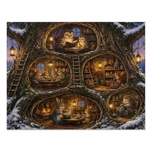 Woodland Hollow Tree House Puzzle, Forest Animals, Storybook Art (252 or 110 Pieces) image 1