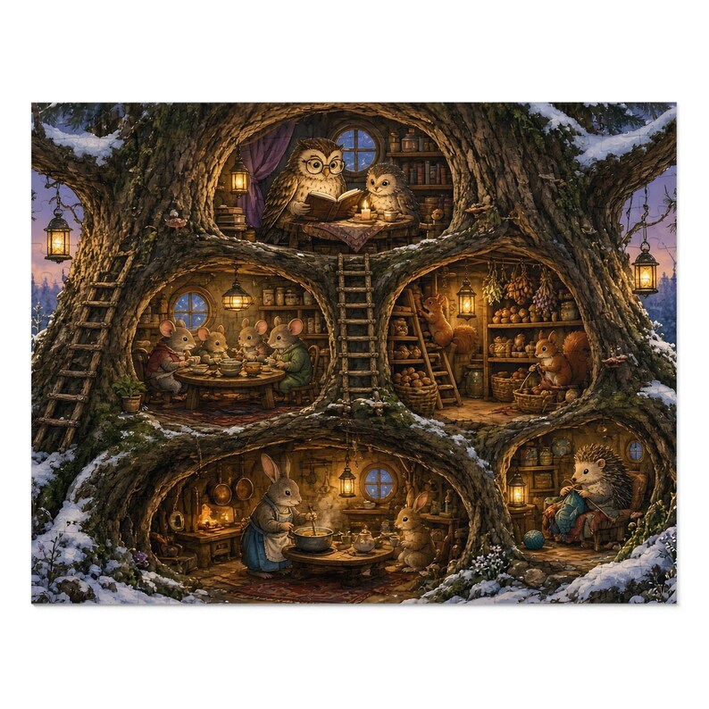 Woodland Hollow Tree House Puzzle, Forest Animals, Storybook Art (252 or 110 Pieces) image 1