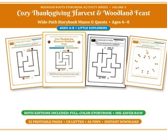 Può includere: Redwood Roots Storybook Activity Series Volume V, Cozy Thanksgiving Harvest & Woodland Feast, presenta labirinti e missioni per bambini dai 4 agli 8 anni. Include 32 pagine stampabili in formato US letter e A4 PDF.