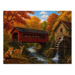 Cozy Cottage Seasons Autumn Bridge Jigsaw Puzzle, Covered Bridge Mill, Tin Box (252 Pieces)