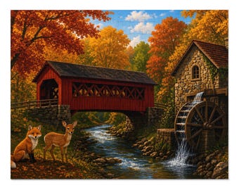Cozy Cottage Seasons Autumn Bridge Jigsaw Puzzle, Covered Bridge Mill, Tin Box (252 Pieces)