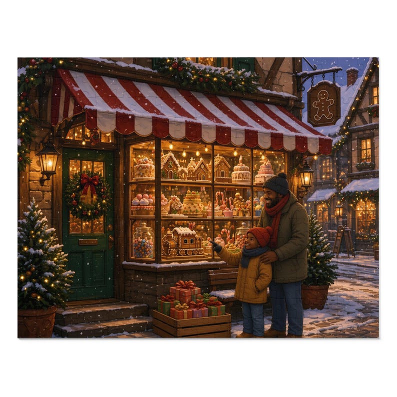 Christmas Cookies Bakery Shop Jigsaw Puzzle, Snowy Village Storefront, Tin Box (252 Pieces) image 1