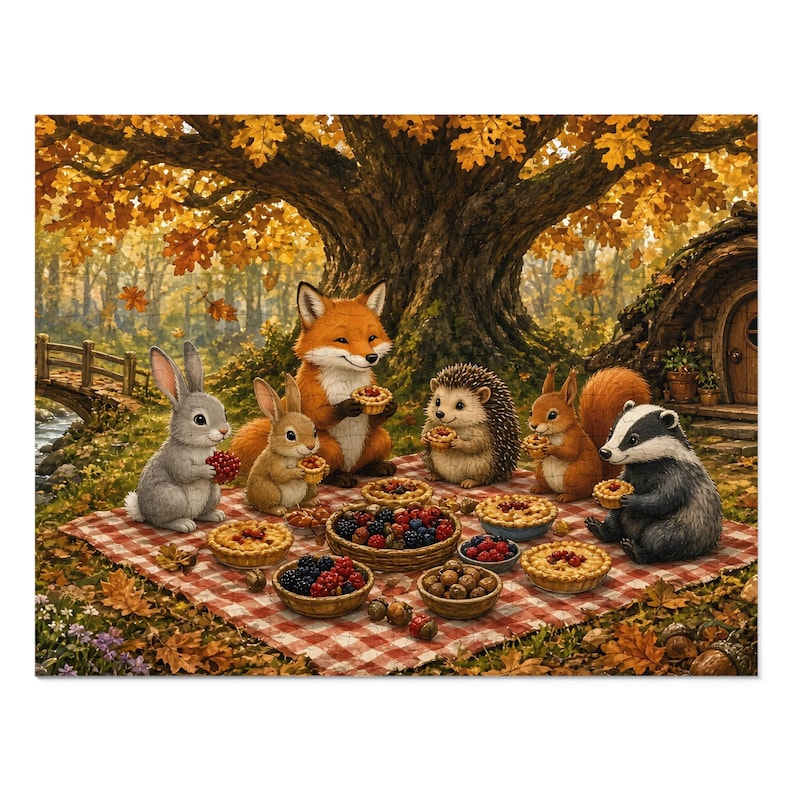 Woodland Hollow Autumn Picnic Jigsaw Puzzle, Forest Animals, Tin Box (252 or 110 Pieces) image 1