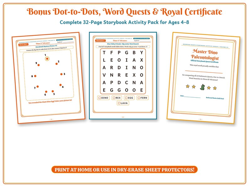 May include: A 32-page storybook activity pack for ages 4-8 featuring dot-to-dots, word quests, and a Master Dino Paleontologist certificate. The pages include a numbered dot-to-dot puzzle, a word search grid, and a royal certificate template.