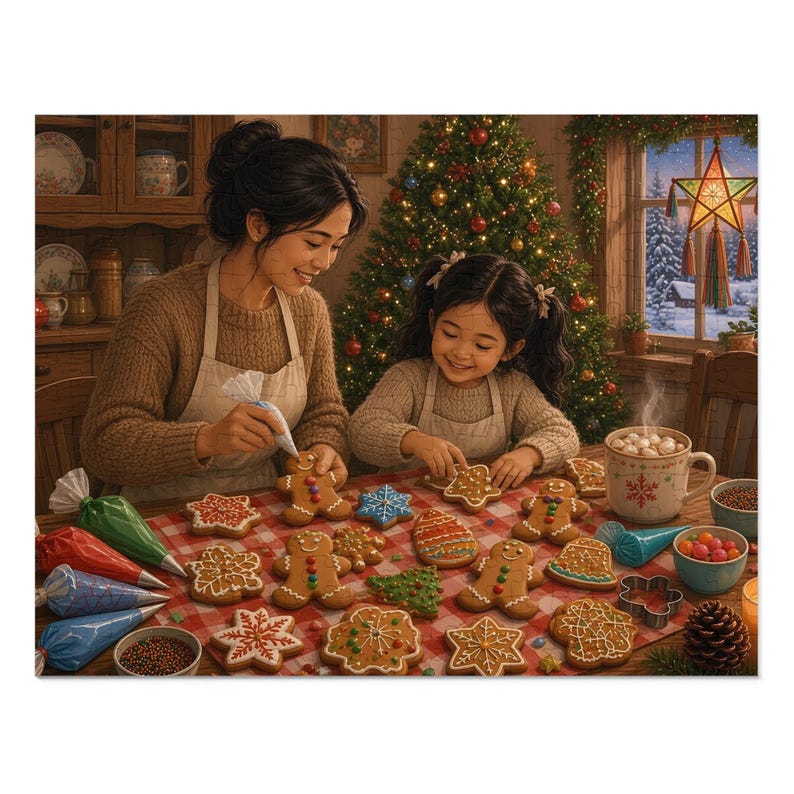 Christmas Cookies Decorating Table Jigsaw Puzzle, Mom and Daughter Gingerbread, Tin Box (252 Pieces) Bild 1