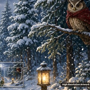 May include: A digital illustration of a snowy forest scene featuring a brown owl wearing a red scarf perched on a pine branch, a glowing lantern on a post, and a small inset image showing a fox and a rabbit, with text reading High-Resolution Artwork Detail.