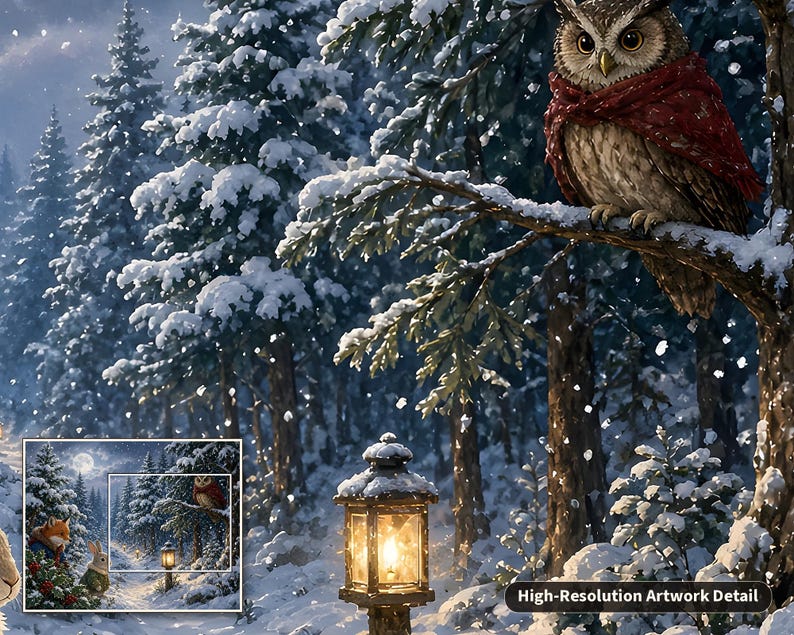 May include: A digital illustration of a snowy forest scene featuring a brown owl wearing a red scarf perched on a pine branch, a glowing lantern on a post, and a small inset image showing a fox and a rabbit, with text reading High-Resolution Artwork Detail.