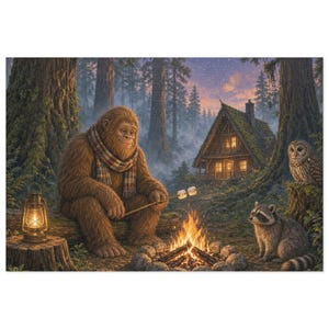 May include: A brown, furry Bigfoot creature wearing a plaid scarf sits on a log by a campfire, roasting marshmallows on a stick. A lit lantern sits on a stump nearby, while a raccoon and an owl watch near a cabin in the forest.