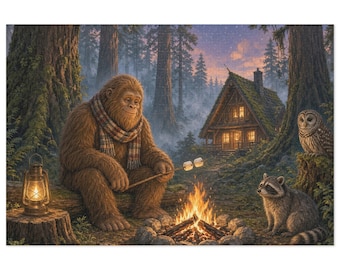 May include: A brown, furry Bigfoot creature wearing a plaid scarf sits on a log by a campfire, roasting marshmallows on a stick. A lit lantern sits on a stump nearby, while a raccoon and an owl watch near a cabin in the forest.