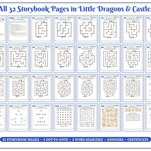 May include: A collection of 32 printable storybook pages titled Little Dragons & Castles, featuring 21 black and white mazes, 4 dot-to-dot puzzles, 2 word searches, answer keys, and a certificate, all displayed in a grid layout.