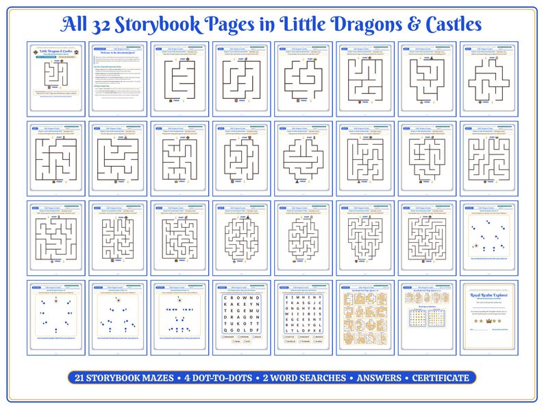 May include: A collection of 32 printable storybook pages titled Little Dragons & Castles, featuring 21 black and white mazes, 4 dot-to-dot puzzles, 2 word searches, answer keys, and a certificate, all displayed in a grid layout.