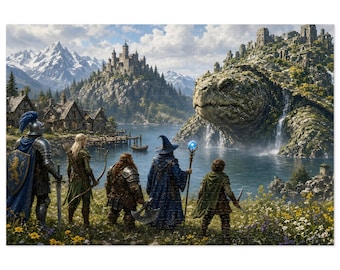 May include: A fantasy illustration featuring a group of five adventurers standing in a field of wildflowers, looking toward a massive, moss-covered turtle creature in a lake, with a castle on a mountain and a village in the background.