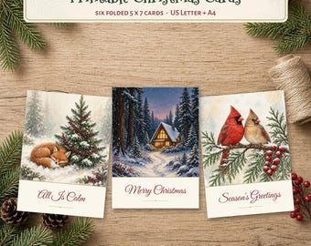 Set di 6 biglietti di auguri natalizi stampabili, pieghevoli, formato 5x7, a tema bosco, con interno vuoto o con auguri, download immediato in formato PDF.