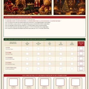 May include: A printable logic puzzle sheet titled The Naughty-or-Nice Ribbon Logic Grid. It features images of a sleigh, rocking horse, train, nutcracker, and teddy bear, with a grid for matching elves to gifts and spaces to reveal a secret word.