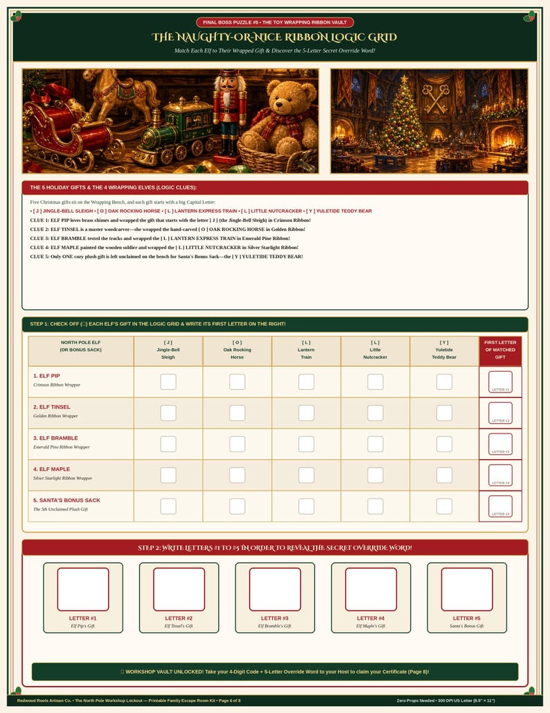 May include: A printable logic puzzle sheet titled The Naughty-or-Nice Ribbon Logic Grid. It features images of a sleigh, rocking horse, train, nutcracker, and teddy bear, with a grid for matching elves to gifts and spaces to reveal a secret word.