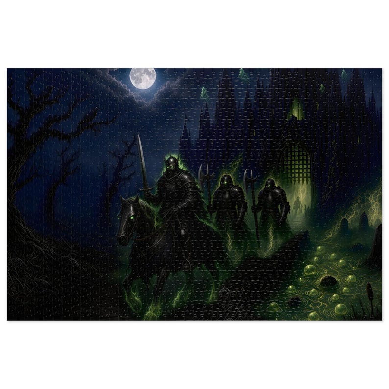 Moonlit Moat Fantasy Jigsaw Puzzle in Tin, 1000 or 500 Pieces, Undead Knight Gothic Castle Puzzle Gift image 1