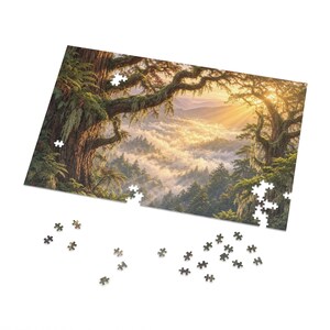 Ancient Redwood Canopy Crown and Golden Morning Mist Jigsaw Puzzle in Collectors Tin (500 and 1000 Piece) - Treetop Fog - Redwood Roots image 2