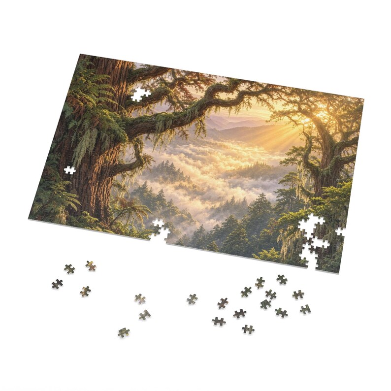 Ancient Redwood Canopy Crown and Golden Morning Mist Jigsaw Puzzle in Collectors Tin (500 and 1000 Piece) - Treetop Fog - Redwood Roots image 2