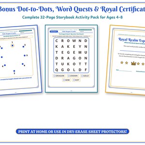 May include: A 32-page activity pack titled Bonus Dot-to-Dots, Word Quests & Royal Certificate for ages 4-8. It includes a dot-to-dot page, a word search puzzle with words like Dragon and Crown, and a Royal Realm Explorer certificate.
