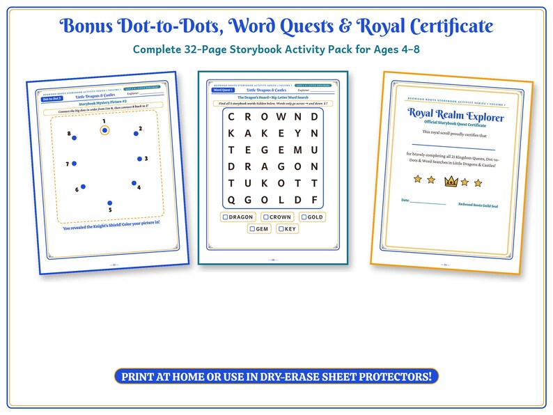 May include: A 32-page activity pack titled Bonus Dot-to-Dots, Word Quests & Royal Certificate for ages 4-8. It includes a dot-to-dot page, a word search puzzle with words like Dragon and Crown, and a Royal Realm Explorer certificate.