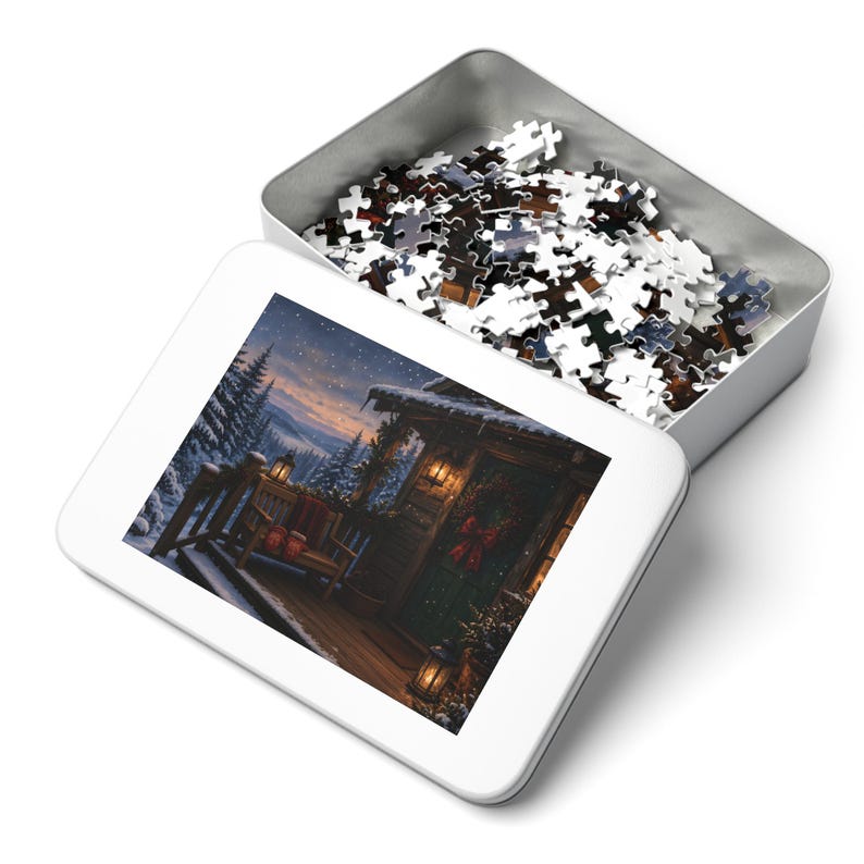 Cozy Cottage Seasons Cabin Porch Jigsaw Puzzle, Snowy Lake Evening, Tin Box (252 Pieces) afbeelding 3