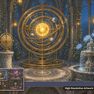 Op de afbeelding: Een groot gouden armillariummodel met een centrale gloeiende zon en draaiende planeten, geplaatst op een stenen binnenplaats met een fontein, blauwe bloemen en hangende lantaarns. Een klein inzetstuk toont vier extra sc&egrave;nes van een studeerkamer.