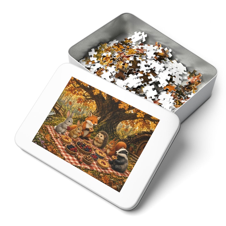 Woodland Hollow Autumn Picnic Jigsaw Puzzle, Forest Animals, Tin Box (252 or 110 Pieces) image 3