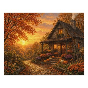 Cozy Cottage Seasons Stone Cottage Sunset Jigsaw Puzzle, Fall Porch, Tin Box (252 Pieces) image 1