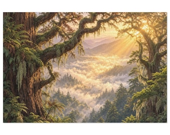 May include: A landscape jigsaw puzzle featuring two large, moss-covered trees in the foreground framing a valley filled with dense fog and evergreen trees, illuminated by golden sunlight rays breaking through the morning sky.
