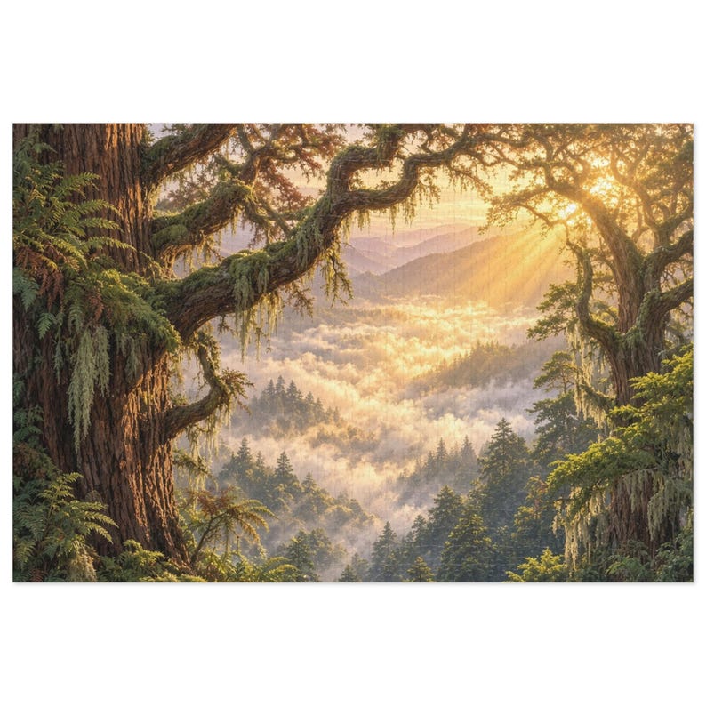 Ancient Redwood Canopy Crown and Golden Morning Mist Jigsaw Puzzle in Collectors Tin (500 and 1000 Piece) - Treetop Fog - Redwood Roots image 1