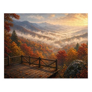 Cozy Cottage Seasons Mountain Overlook Jigsaw Puzzle, Misty Valley, Tin Box (252 Pieces) image 1