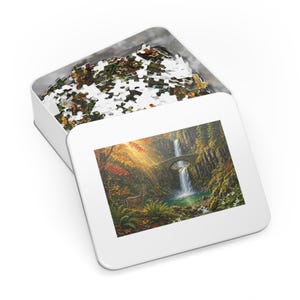 Pacific Northwest Autumn Waterfall and Stone Bridge Jigsaw Puzzle in Gift Tin, 1000 or 500 Pieces, PNW Forest Canyon Gift image 3