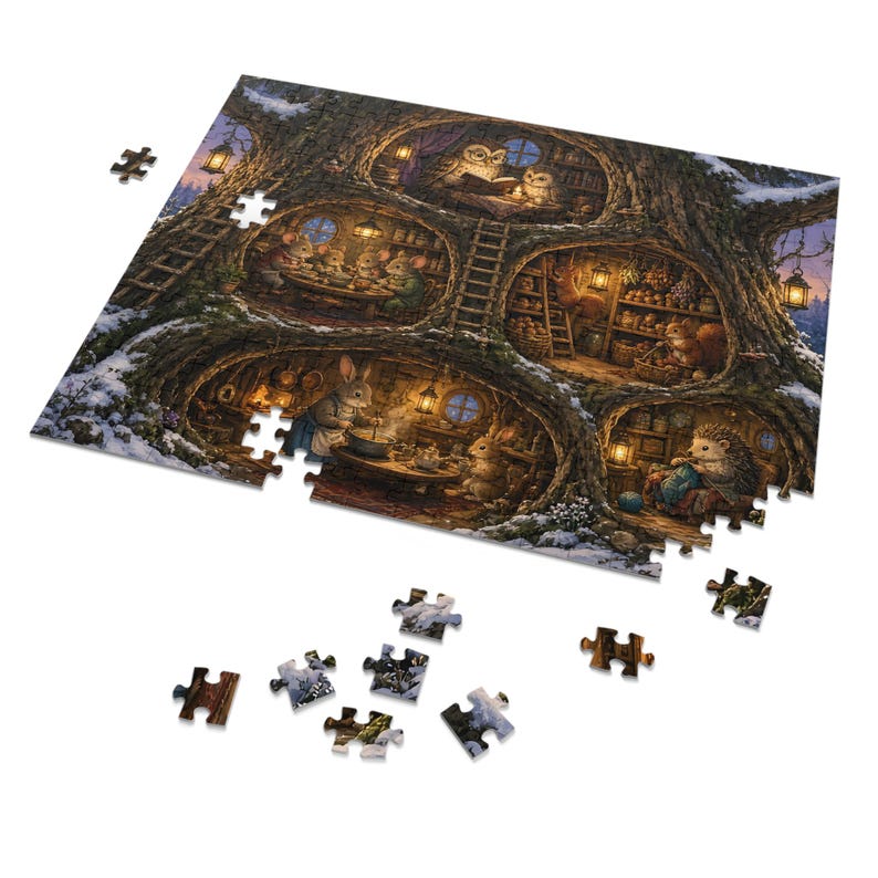 Woodland Hollow Tree House Puzzle, Forest Animals, Storybook Art (252 or 110 Pieces) image 2