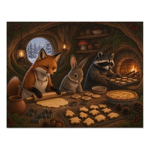 Christmas Cookies Woodland Critter Bakers Jigsaw Puzzle, Fox Bunny Raccoon Kitchen, Tin Box (252 Pieces) image 1