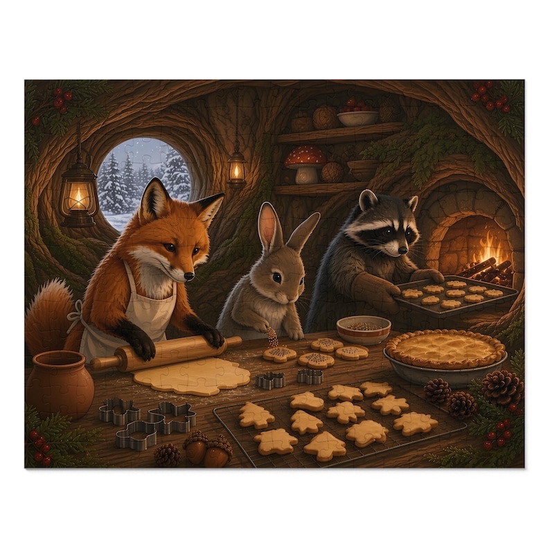 Christmas Cookies Woodland Critter Bakers Jigsaw Puzzle, Fox Bunny Raccoon Kitchen, Tin Box (252 Pieces) image 1