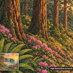 May include: A detailed landscape painting featuring tall brown tree trunks in a forest, vibrant pink rhododendron flowers, and green ferns. A small inset box shows the full coastal scene with a sunset, ocean, and rock archway.