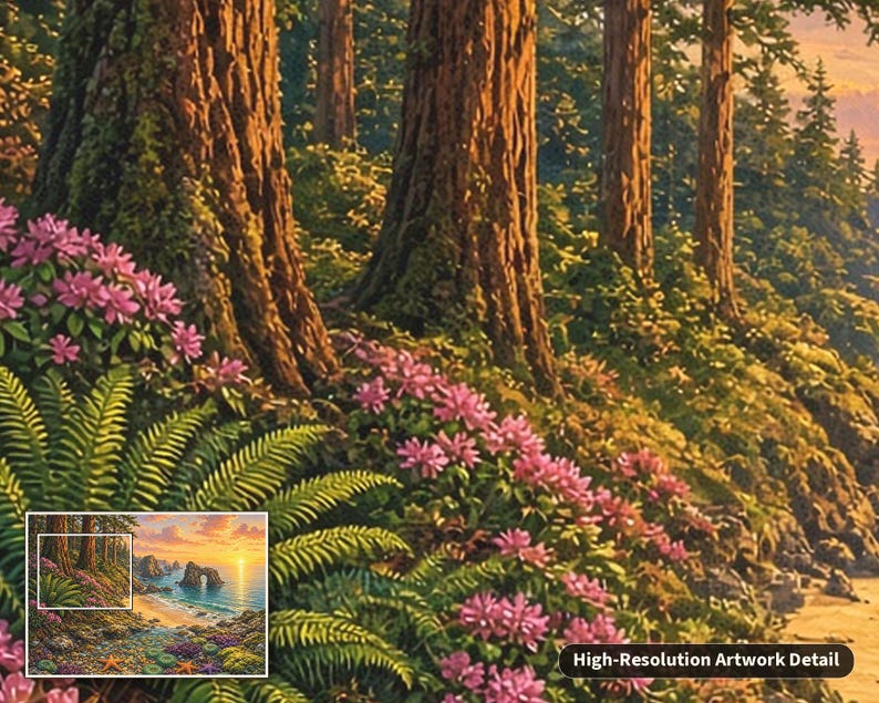 May include: A detailed landscape painting featuring tall brown tree trunks in a forest, vibrant pink rhododendron flowers, and green ferns. A small inset box shows the full coastal scene with a sunset, ocean, and rock archway.