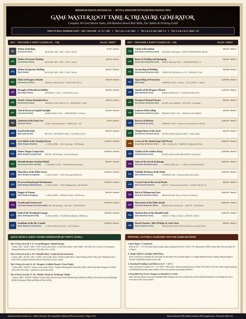 Pu&ograve; includere: Una scheda di riferimento Redwood Roots Artisan Co. Game Master Loot Table & Treasure Generator per GDR di 5a edizione. Il documento presenta un indice di 36 carte, tabelle di bottino casuale, tabelle di livello e istruzioni di stampa su sfondo crema.