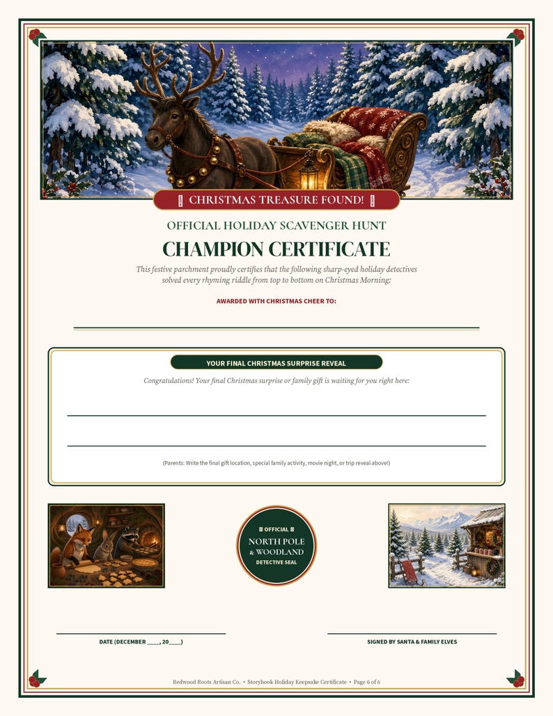 Może przedstawiać: Kremowy certyfikat zatytułowany Christmas Treasure Found! Official Holiday Scavenger Hunt Champion Certificate. Zawiera ilustrację renifera z saniami w zaśnieżonym lesie, pieczęć North Pole & Woodland Detective Seal oraz puste linie na imiona, daty i miejsca ukrycia prezent&oacute;w.