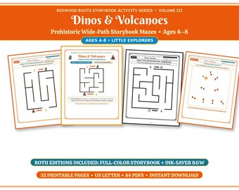May include: Redwood Roots Storybook Activity Series Volume III Dinos & Volcanoes Prehistoric Wide-Path Storybook Mazes for ages 4-8. Includes four printable pages featuring maze puzzles and dot-to-dot activities in both full-color and black and white editions.
