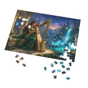 Starlight Waterfall Harp Bard Fantasy Puzzle in Tin, XL Gaming Desk Mat or Hardcover Journal - Elven Stag and Wolves Art - Redwood Roots image 7